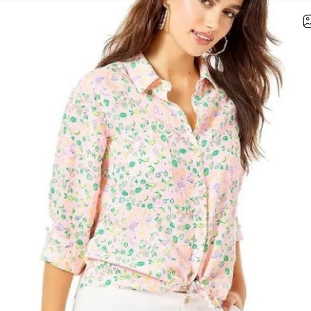 Lilly Pulitzer Pastel Pink Juicy Fruit Linen Button Up Shirt Size XS